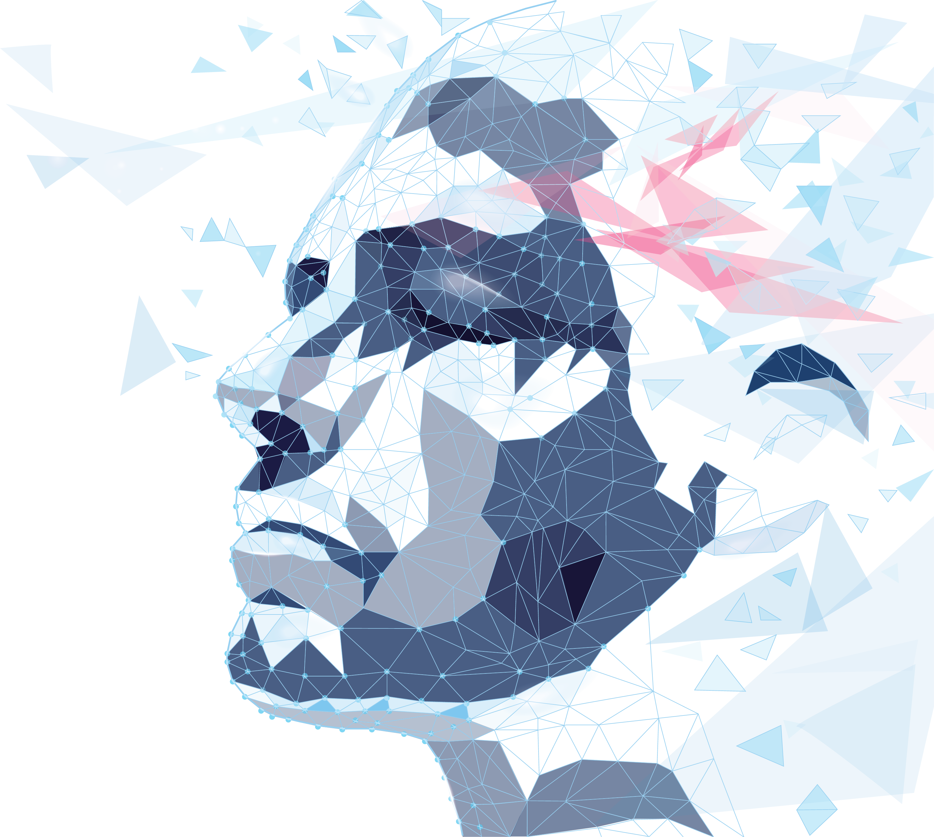 3d mesh face made of blue, transparent and red triangles