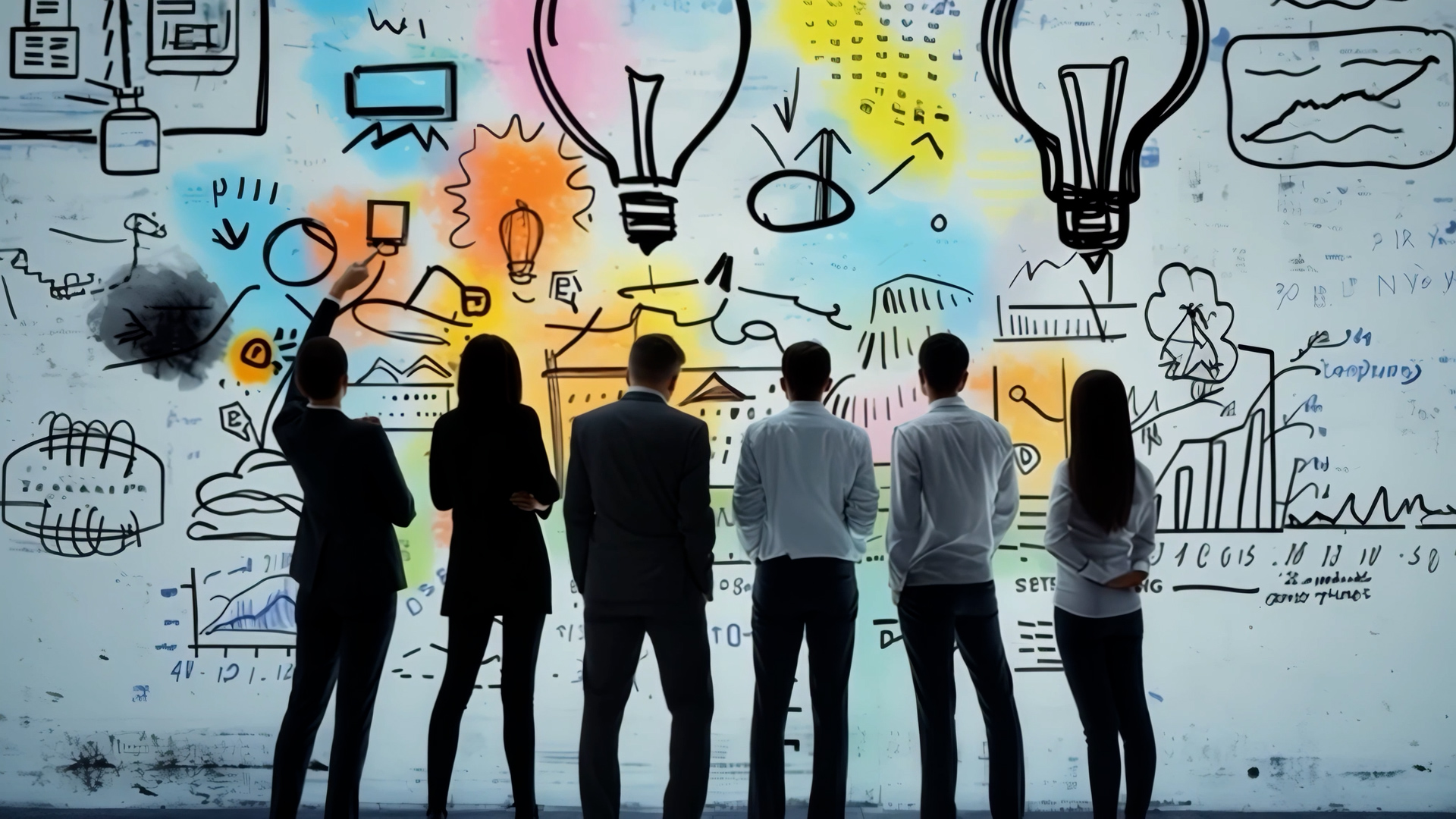 6 people with black and white shirts in front of a large white board