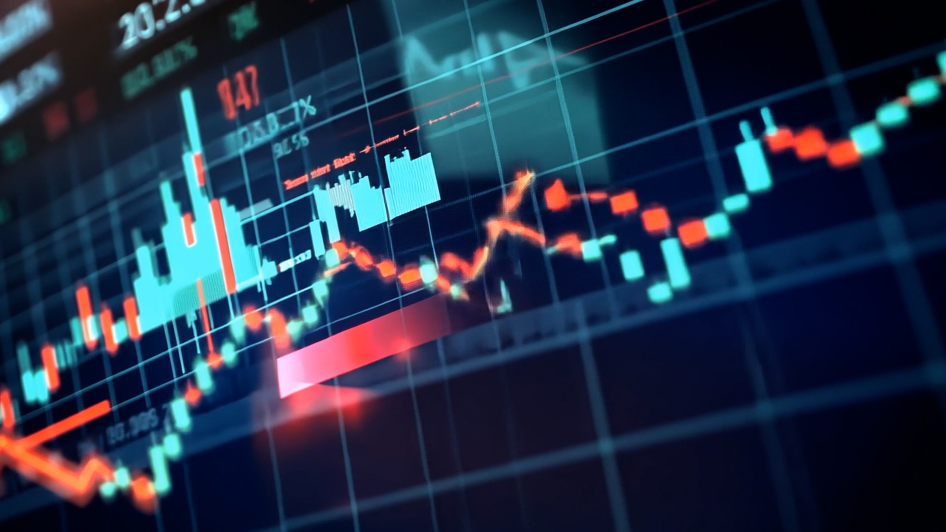 digital screen showing blue and red charts with grid lines
