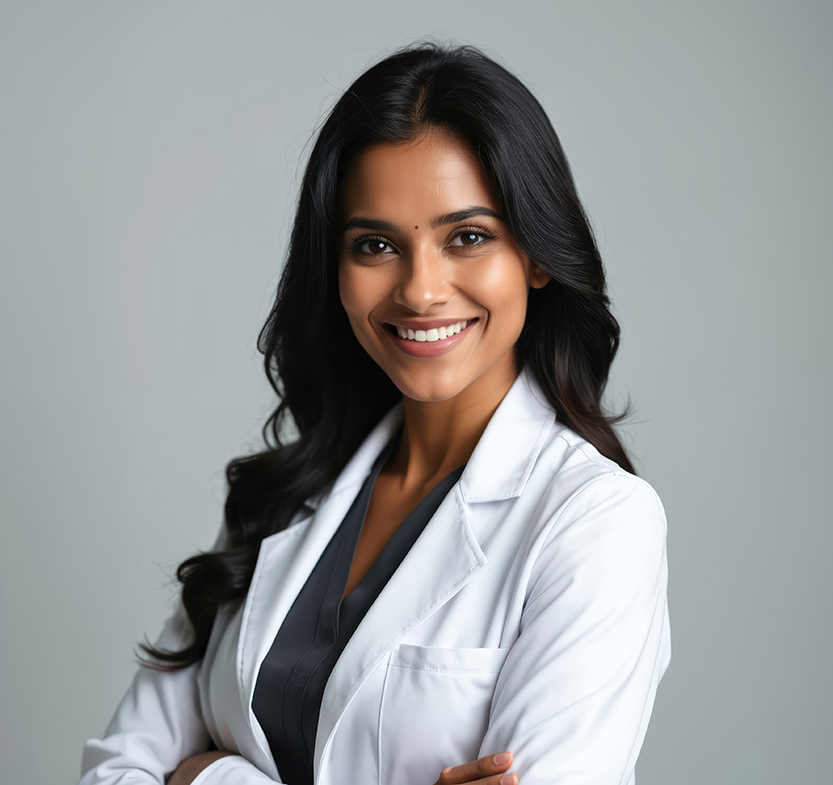 female with dark hair in lab coat