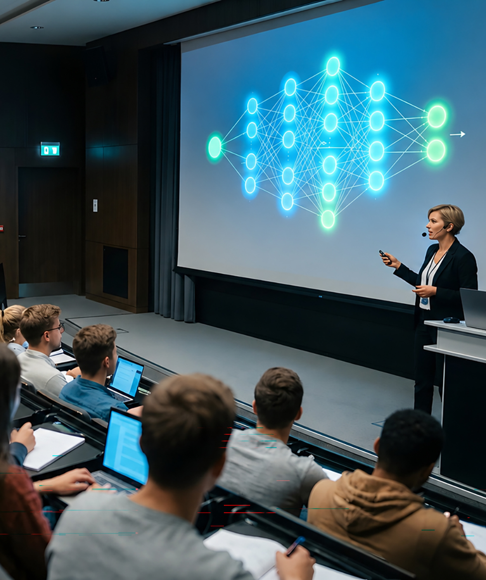 woman presenting in front a large projector screen