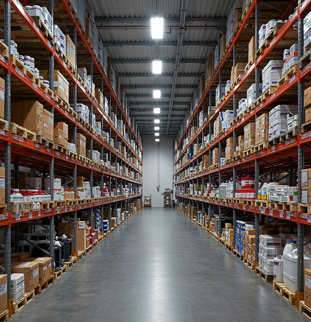 aisle of storage facility with shelves filled to the ceiling