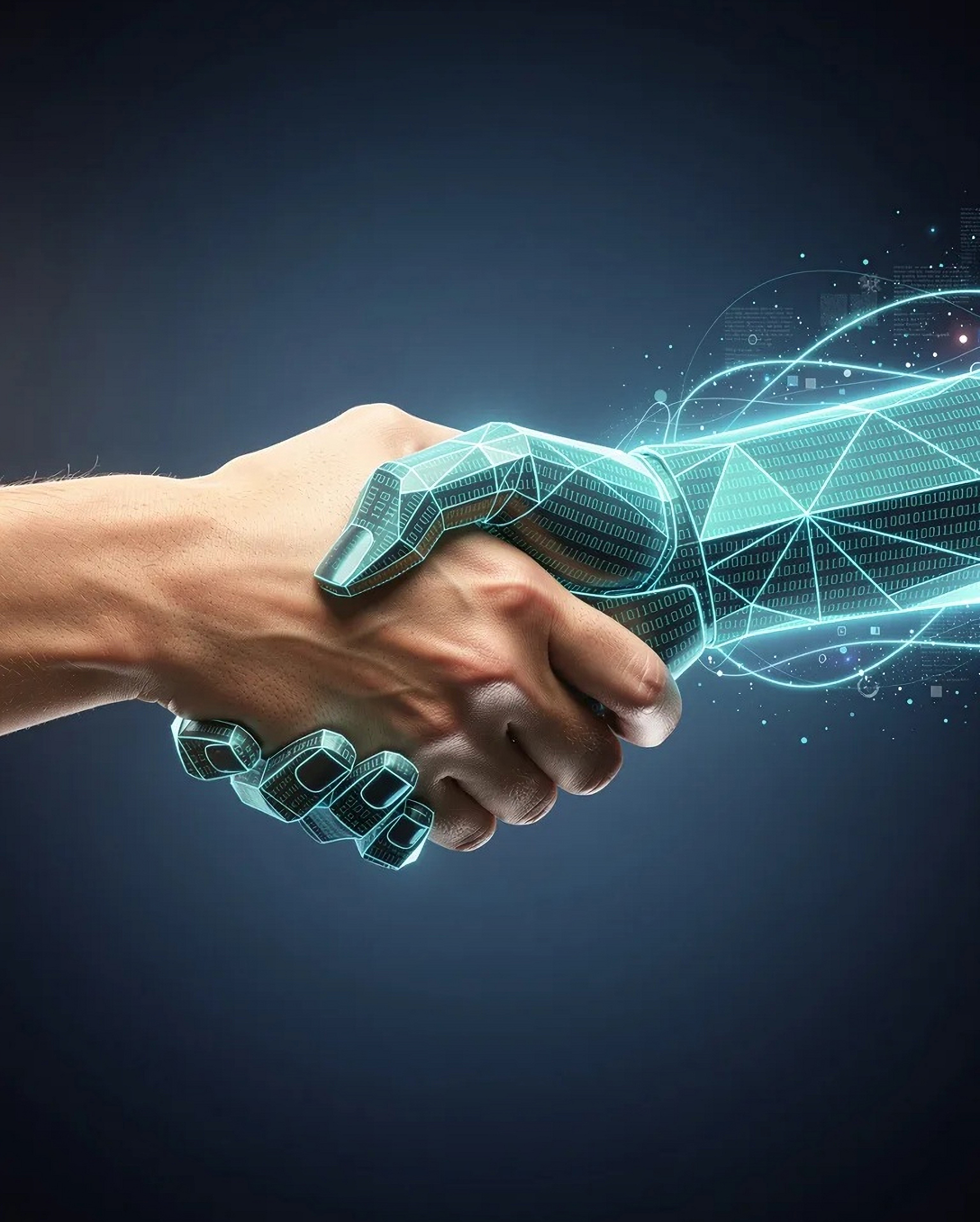 human hand holding a blue, artificial hand made up of polygons